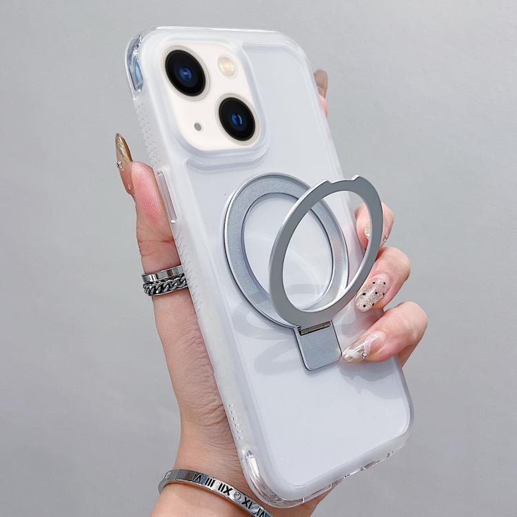 For iPhone 14 Plus / 15 Plus Translucent Edge Transparency Metal Holder MagSafe Phone Case(White)