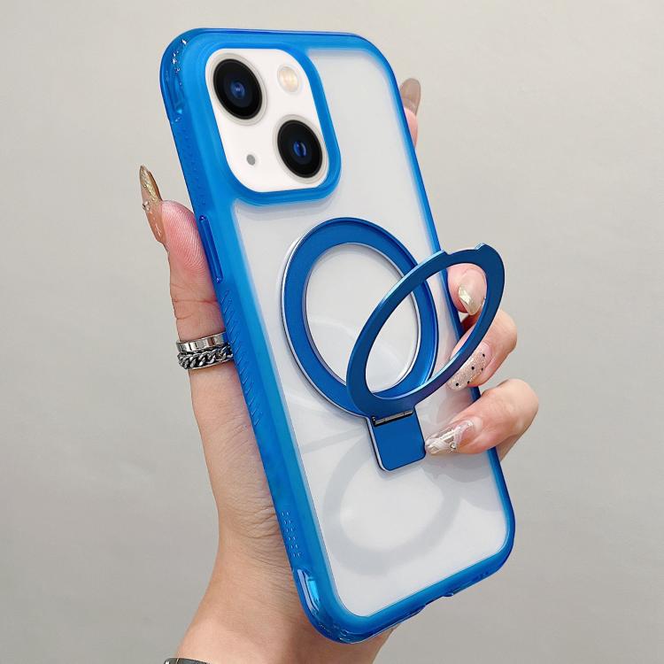 

For iPhone 14 Plus / 15 Plus Translucent Edge Transparency Metal Holder MagSafe Phone Case(Dark Blue)
