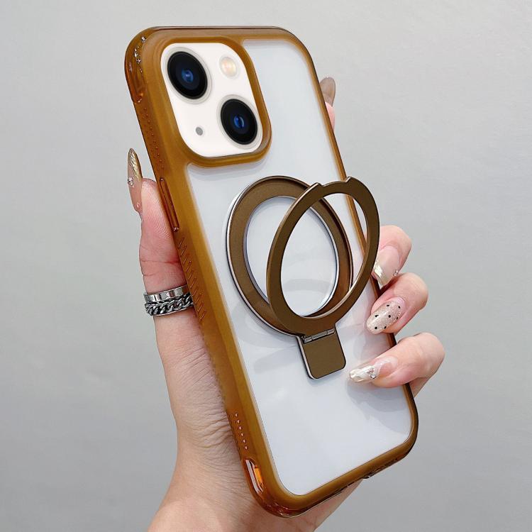 

For iPhone 14 Plus / 15 Plus Translucent Edge Transparency Metal Holder MagSafe Phone Case(Coffee)