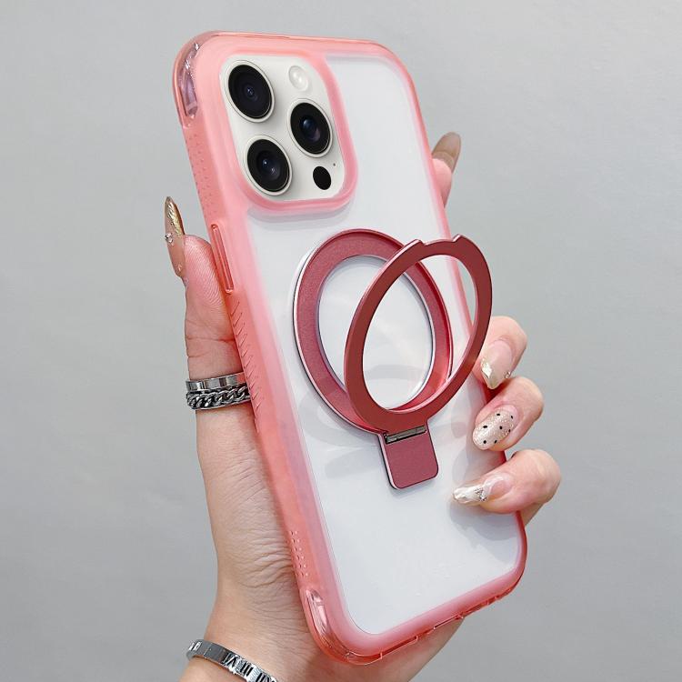 

For iPhone 14 Pro Max Translucent Edge Transparency Metal Holder MagSafe Phone Case(Pink)