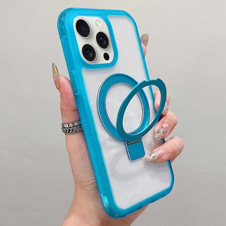 For iPhone 13 Pro Max / 12 Pro Max Translucent Edge Transparency Metal Holder MagSafe Phone Case(Sky Blue)
