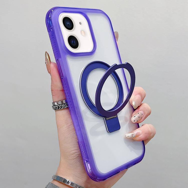 For iPhone 12 / 12 Pro Translucent Edge Transparency Metal Holder MagSafe Phone Case(Purple)