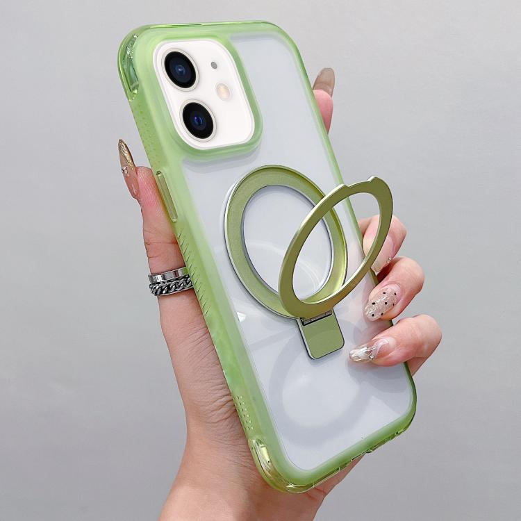 

For iPhone 12 / 12 Pro Translucent Edge Transparency Metal Holder MagSafe Phone Case(Matcha Green)