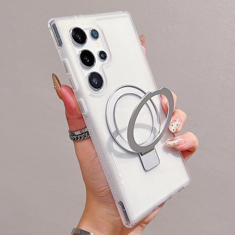 

For Samsung Galaxy S25 Ultra 5G Translucent Edge Transparency Metal Holder MagSafe Phone Case(White)
