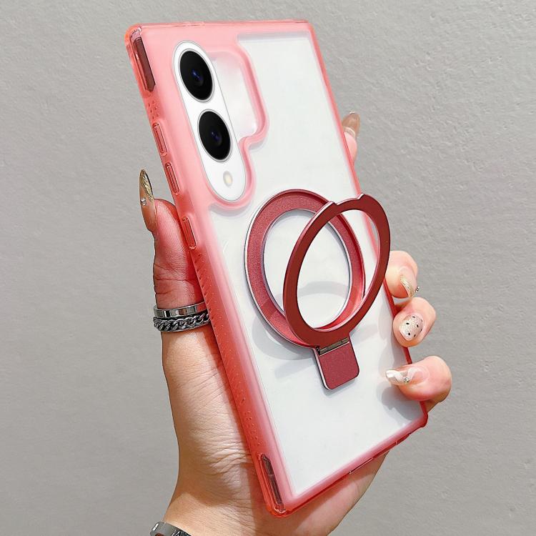 

For Samsung Galaxy S25 Edge 5G Translucent Edge Transparency Metal Holder MagSafe Phone Case(Pink)