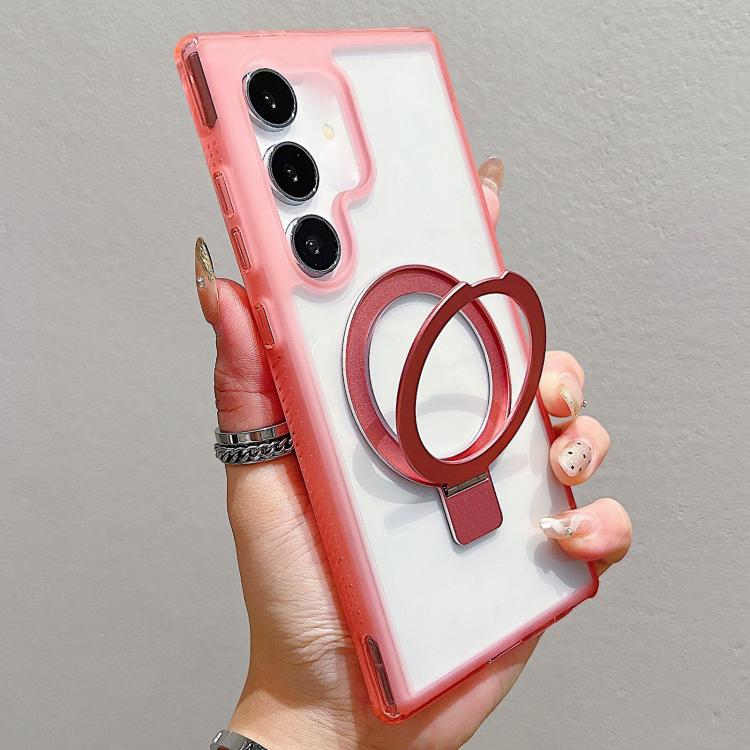

For Samsung Galaxy S25+ 5G / S24+ 5G Translucent Edge Transparency Metal Holder MagSafe Phone Case(Pink)