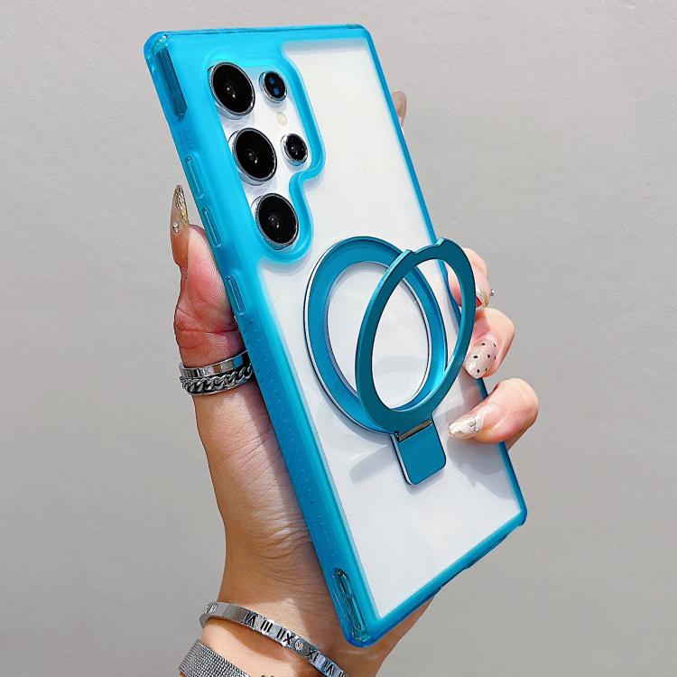 

For Samsung Galaxy S24 Ultra 5G Translucent Edge Transparency Metal Holder MagSafe Phone Case(Sky Blue)