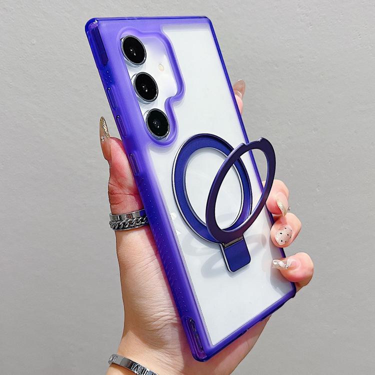 

For Samsung Galaxy S25 5G / S24 5G Translucent Edge Transparency Metal Holder MagSafe Phone Case(Purple)