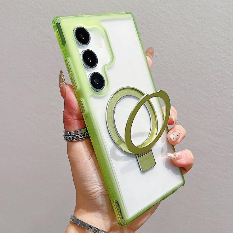 

For Samsung Galaxy S25 5G / S24 5G Translucent Edge Transparency Metal Holder MagSafe Phone Case(Matcha Green)