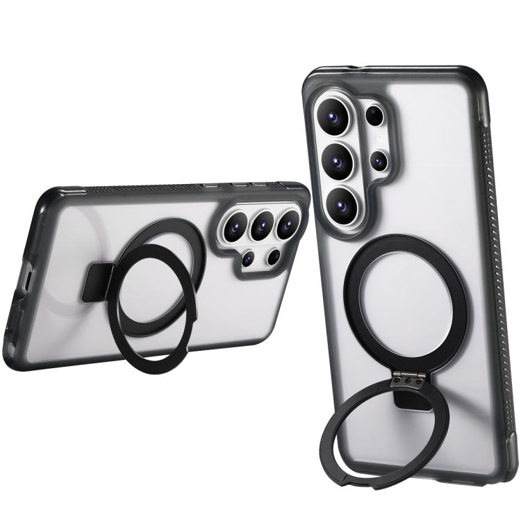 

For Samsung Galaxy S26 Ultra 5G Translucent Edge Transparency Metal Holder MagSafe Phone Case(Black)