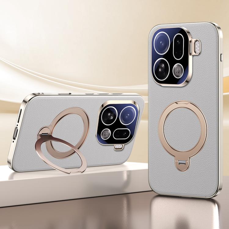 

For OPPO Find X9 Pro Skin Feel Leather Texture Cooling MagSafe Phone Case with 360 Degrees Rotating Holder(Grey)