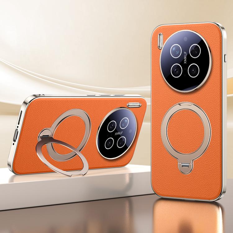 

For vivo X300 Pro Skin Feel Leather Texture Cooling MagSafe Phone Case with 360 Degrees Rotating Holder(Orange)