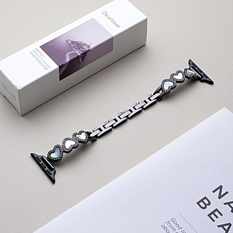 

For Apple Watch 42 / 44 / 45 / 46 / 49mm xDfind Heart-shaped Shell Metal Watch Band(Black White Shell)