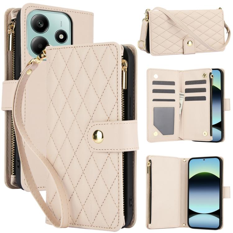 

For Redmi Note 14 5G / Poco M7 Pro 5G YM016 Rhombic Zipper Card Wallet Leather Phone Case with Lanyard(Apricot)