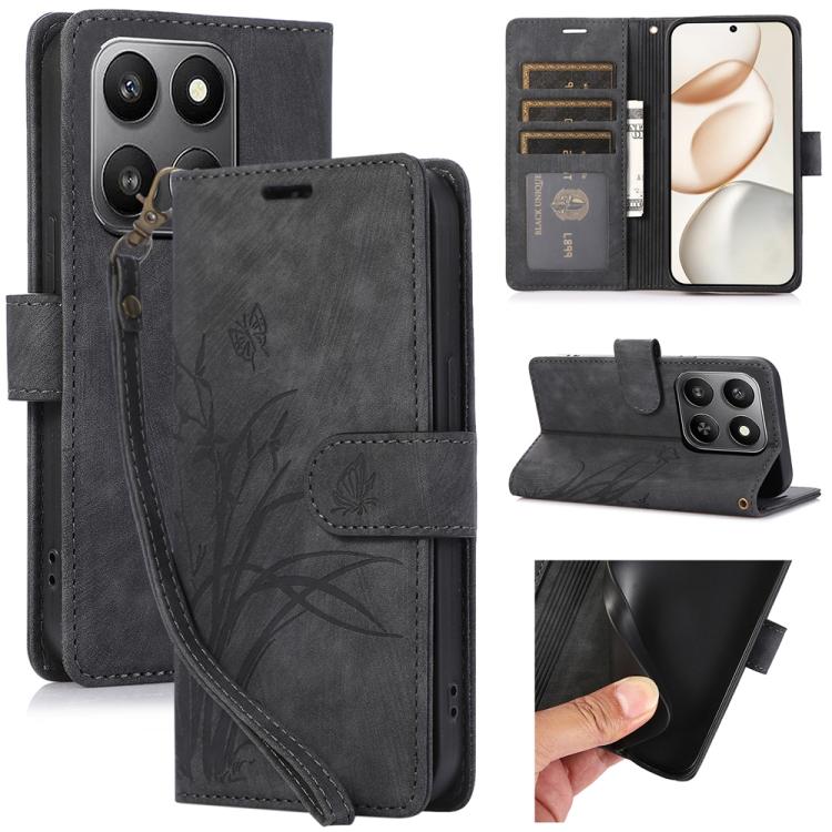 

For Honor 400 Smart 4G / 5G Orchid Butterfly Embossed Leather Phone Case(Black)