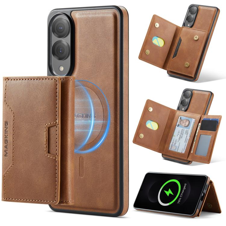 

For Samsung Galaxy S25 Edge 5G MAGKING K4 Series MagSafe RFID Tri-fold Card Bag Detachable Phone Case(Brown)