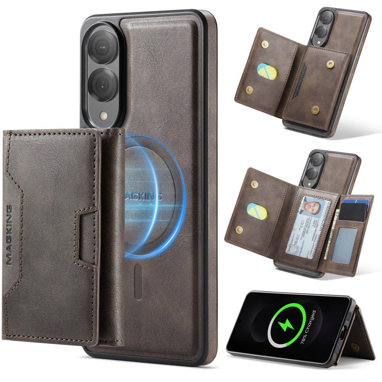 

For Samsung Galaxy S25 Edge 5G MAGKING K4 Series MagSafe RFID Tri-fold Card Bag Detachable Phone Case(Coffee)