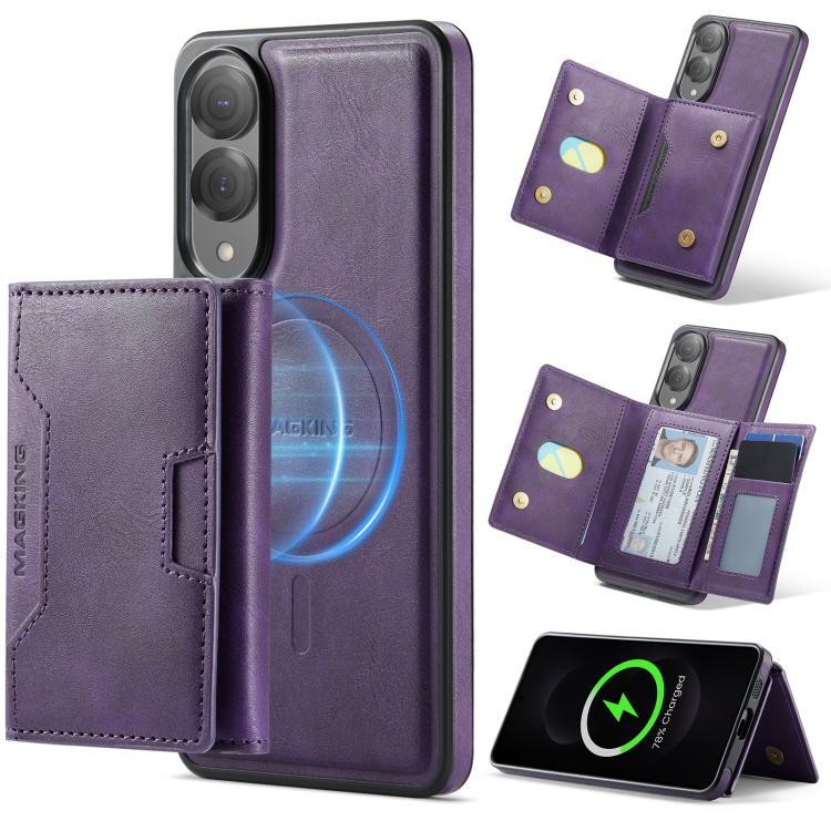 

For Samsung Galaxy S25 Edge 5G MAGKING K4 Series MagSafe RFID Tri-fold Card Bag Detachable Phone Case(Purple)