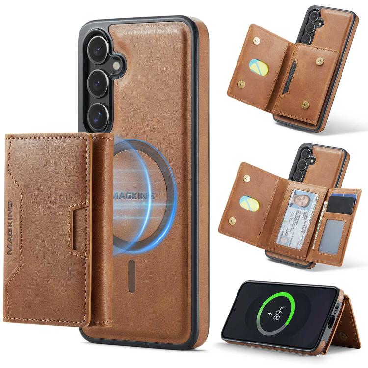 

For Samsung Galaxy S25 FE 5G MAGKING K4 Series MagSafe RFID Tri-fold Card Bag Detachable Phone Case(Brown)