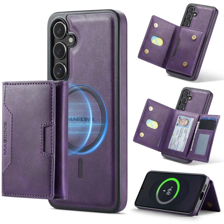 

For Samsung Galaxy S25 FE 5G MAGKING K4 Series MagSafe RFID Tri-fold Card Bag Detachable Phone Case(Purple)