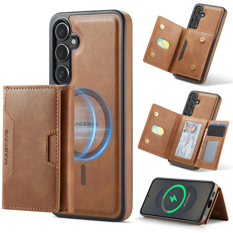 

For Samsung Galaxy S25+ 5G MAGKING K4 Series MagSafe RFID Tri-fold Card Bag Detachable Phone Case(Brown)