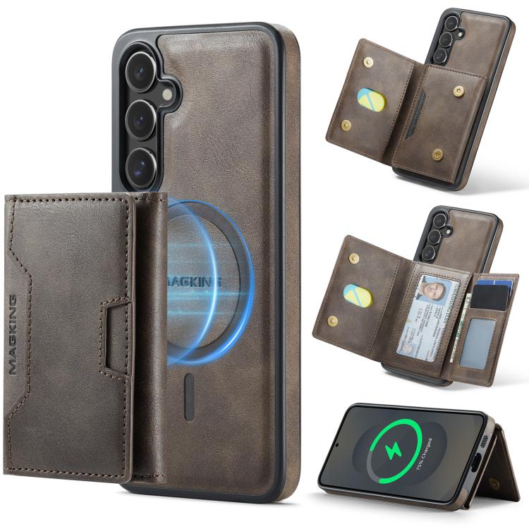 

For Samsung Galaxy S25+ 5G MAGKING K4 Series MagSafe RFID Tri-fold Card Bag Detachable Phone Case(Coffee)
