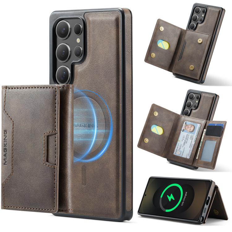 

For Samsung Galaxy S25 Ultra 5G MAGKING K4 Series MagSafe RFID Tri-fold Card Bag Detachable Phone Case(Coffee)