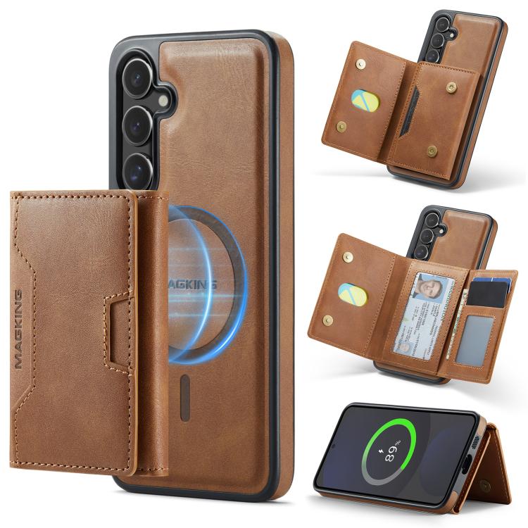 

For Samsung Galaxy S24 FE 5G MAGKING K4 Series MagSafe RFID Tri-fold Card Bag Detachable Phone Case(Brown)