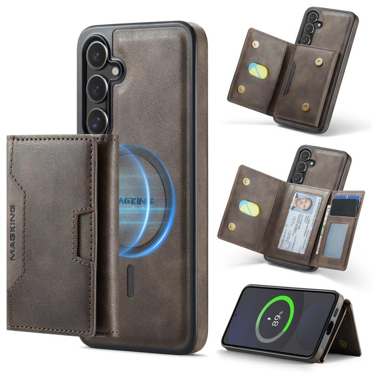 

For Samsung Galaxy S24 FE 5G MAGKING K4 Series MagSafe RFID Tri-fold Card Bag Detachable Phone Case(Coffee)