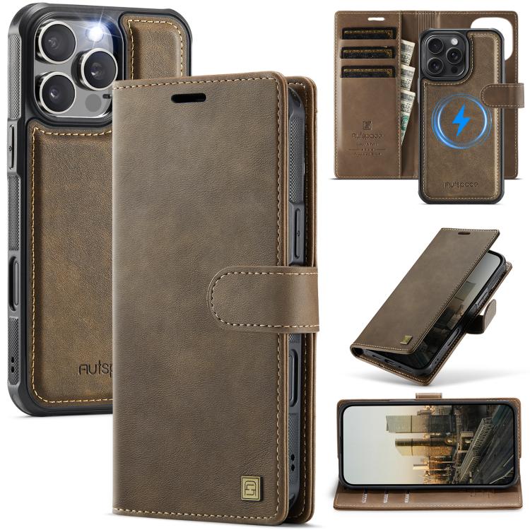 

For iPhone 16 Pro AutSpace A05 2 in 1 Retro Calf Texture MagSafe Magnetic Phone Case(Brown)