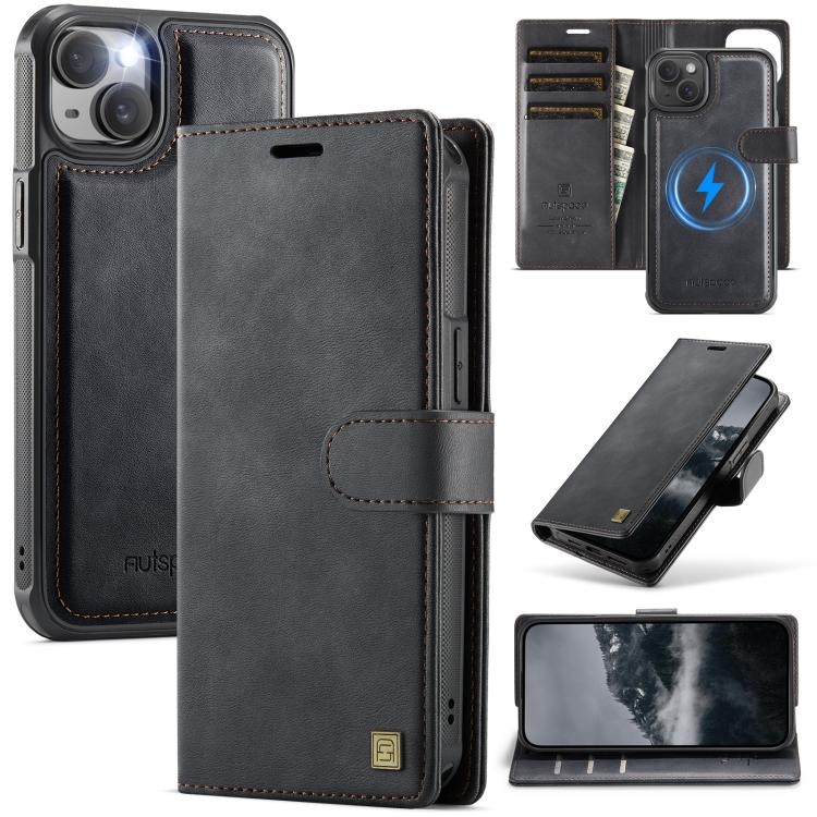 For iPhone 15 AutSpace A05 2 in 1 Retro Calf Texture MagSafe Magnetic Phone Case(Black)