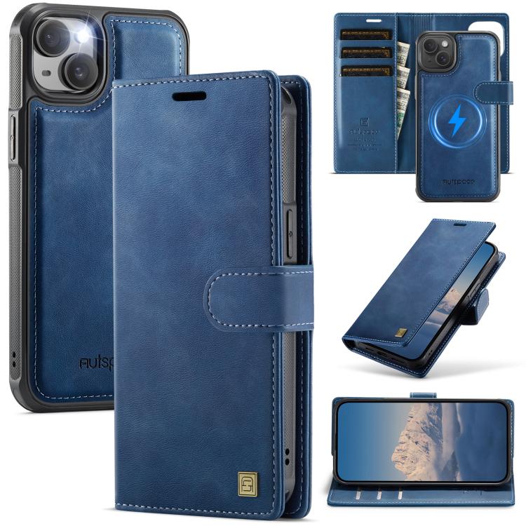 For iPhone 14 Plus AutSpace A05 2 in 1 Retro Calf Texture MagSafe Magnetic Phone Case(Blue)