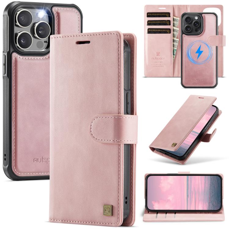 For iPhone 12 / 12 Pro AutSpace A05 2 in 1 Retro Calf Texture MagSafe Magnetic Phone Case(Pink)