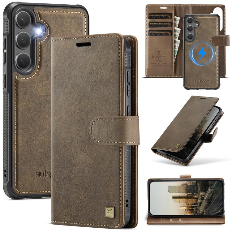 For Samsung Galaxy S24 FE 5G AutSpace A05 2 in 1 Retro Calf Texture MagSafe Magnetic Phone Case(Brown)