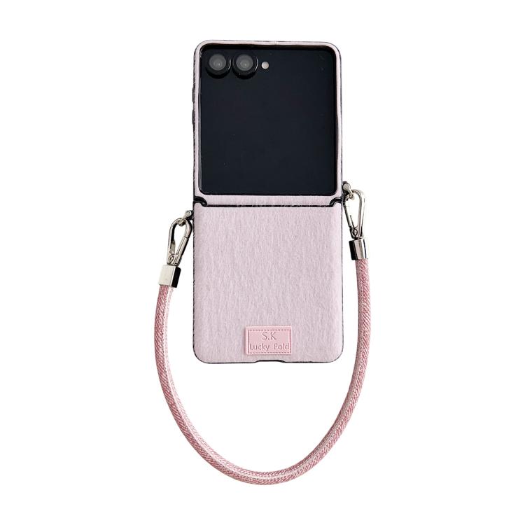 

For Samsung Galaxy Z Flip7 5G / Flip7 FE Nameplate Style Plush Side Buckle Phone Case with Strap(Pink)