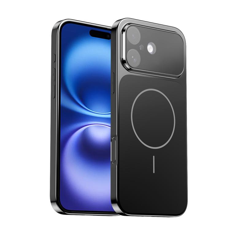 

For iPhone 16 Corning Glass Plating Large Window MagSafe Phone Case(Black)