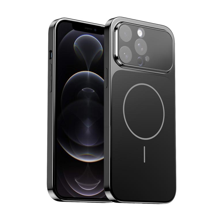 

For iPhone 12 Pro Max Corning Glass Plating Large Window MagSafe Phone Case(Black)