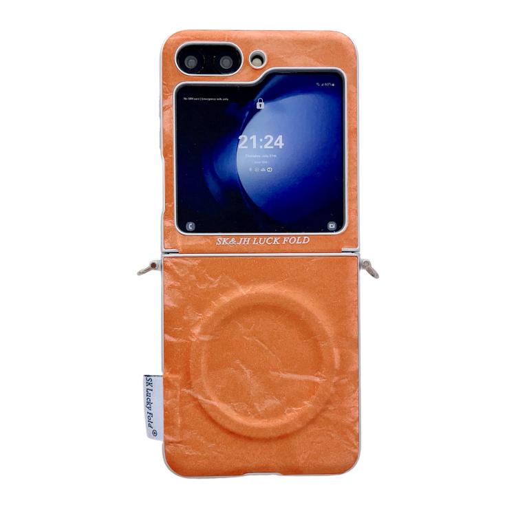 

For Samsung Galaxy Z Flip6 5G / Flip7 FE Nameplate Style Silver Edge Side Buckle Shimmering Velvet MagSafe Magnetic Phone Case(Orange)