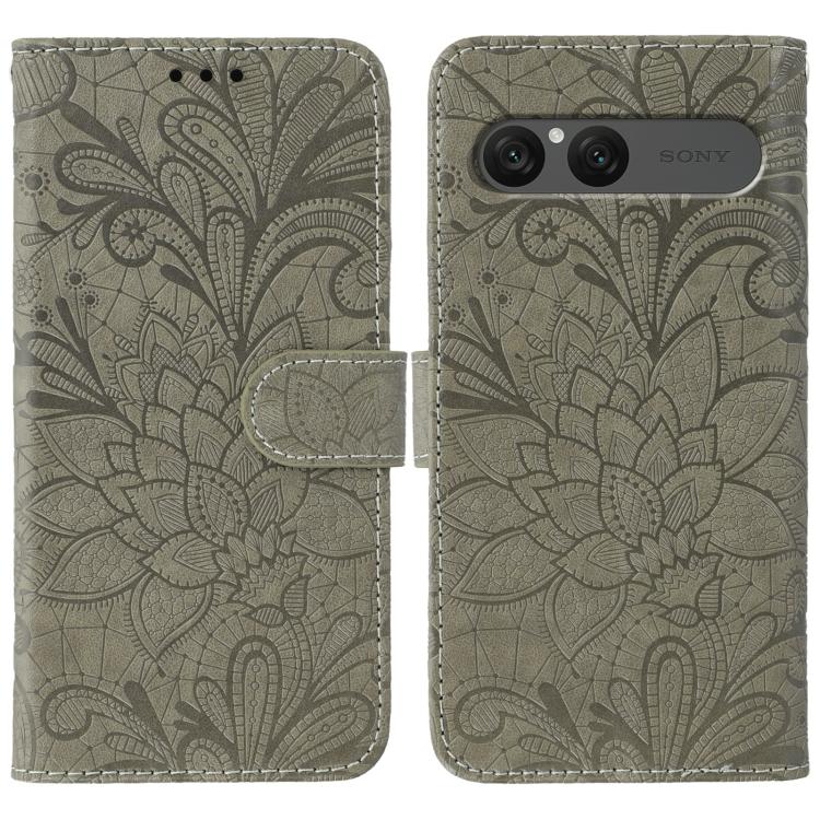 

For Sony Xperia 10 VII Lace Flower Embossing Flip Leather Phone Case(Grey)
