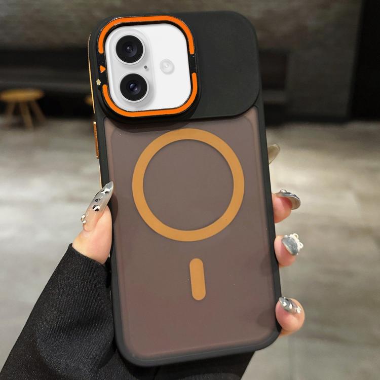For iPhone 16 Plus Skin Feel Frosted Metal Lens Holder MagSafe Magnetic Phone Case(Orange)