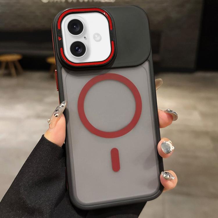 

For iPhone 16 Skin Feel Frosted Metal Lens Holder MagSafe Magnetic Phone Case(Red)