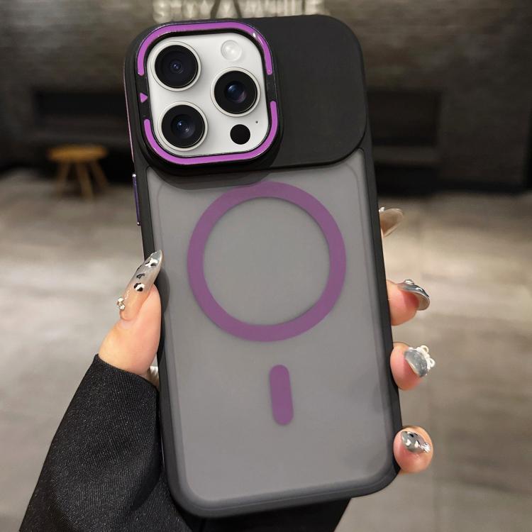 For iPhone 15 Pro Max Skin Feel Frosted Metal Lens Holder MagSafe Magnetic Phone Case(Purple)