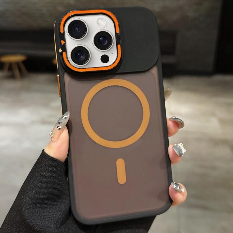 

For iPhone 15 Pro Max Skin Feel Frosted Metal Lens Holder MagSafe Magnetic Phone Case(Orange)