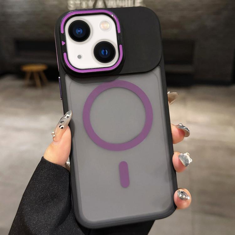 

For iPhone 14 Skin Feel Frosted Metal Lens Holder MagSafe Magnetic Phone Case(Purple)