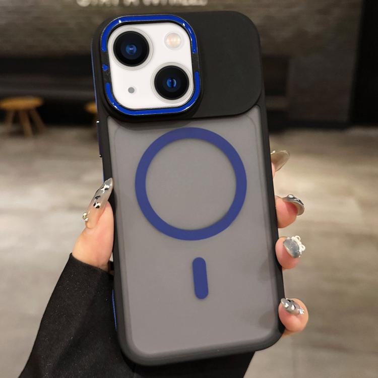 

For iPhone 14 Skin Feel Frosted Metal Lens Holder MagSafe Magnetic Phone Case(Dark Blue)