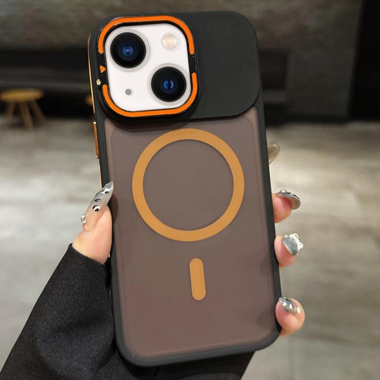 

For iPhone 14 Skin Feel Frosted Metal Lens Holder MagSafe Magnetic Phone Case(Orange)