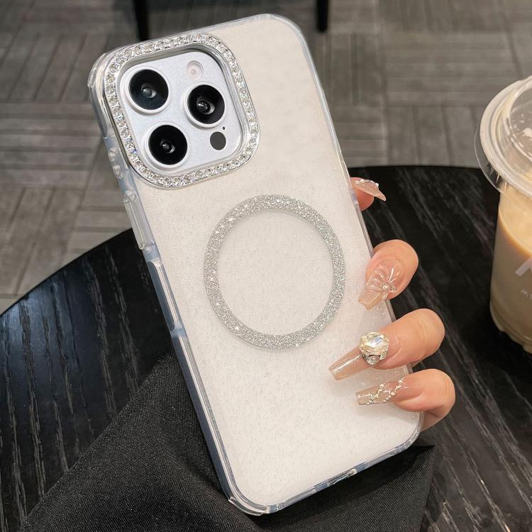 For iPhone 12 Pro Max Rounded Edge Semi-transparent Glitter MagSafe Phone Case(White)