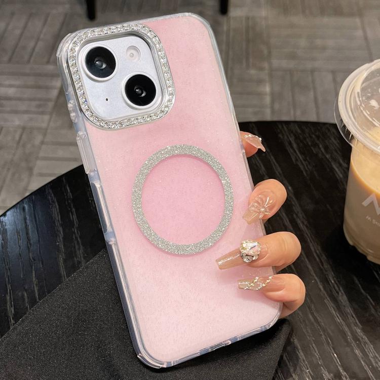 

For iPhone 14 Rounded Edge Semi-transparent Glitter MagSafe Phone Case(Pink)