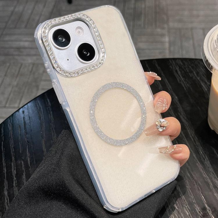 For iPhone 15 Rounded Edge Semi-transparent Glitter MagSafe Phone Case(Beige)