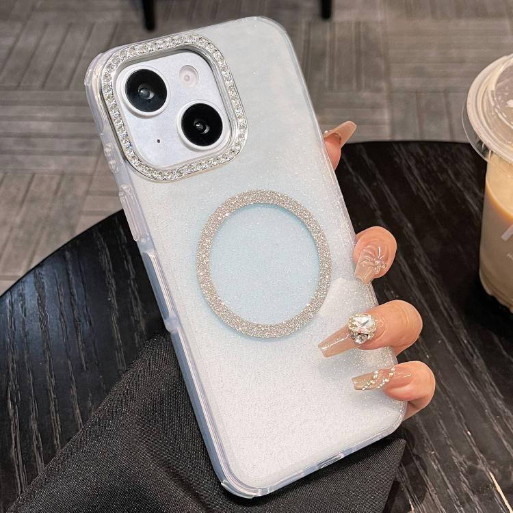 For iPhone 15 Plus Rounded Edge Semi-transparent Glitter MagSafe Phone Case(Blue)